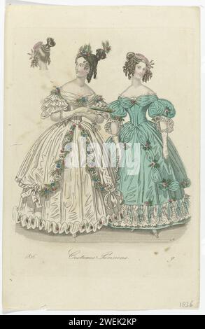 Journal des dames et de la mode, editis Frankfurt 1836, costumes parisiens, (9), 1836 deux femmes dans les toilettes pour un bal. A gauche : Baljapon avec recouvrement ouvert décoré de fleurs. Coupe de cheveux décorée de fleurs et d'oreilles. Ventilateur et gants longs. A droite : Baljapon décoré de fleurs. Manches et ourlet décorés d'une bande de tissu froissée avec motif floral. Coiffure décorée de cordon de perles et de fleurs ; dont l'arrière est également montré. Tirage du magazine de mode Journal des Dames et des modes (Francfort-sur-le-main, 1798-1848). La dame à gauche a probablement été copiée au Prent n°1229 Banque D'Images