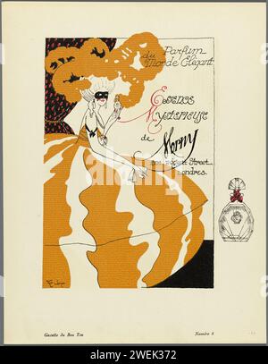 Gazette de bon ton. Art - modes & frivolités : matériel publicitaire, 1920 Dame en tenue de soirée du 18e siècle, coiffure haute et masque pour le visage, flacon de parfum dans la main 'essence mystérieuse de Mornny, 201 rue Regent, Londres. impression typographique sur papier Banque D'Images