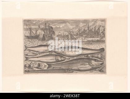 Cinq poissons sur la plage, après 1598 - 1618 imprimer Un sprat, une carpe, un plus dur, une petite morue et une digue sont échoués sur la plage avec quelques coquillages. En arrière-plan la mer et un quai portuaire. L'impression fait partie d'une série avec le poisson comme sujet. gravure sur papier poissons osseux : cod. anguilles : anguille. poissons osseux : mulet. jetée, quai, quai. poissons osseux : carpe. poissons osseux : sprat Banque D'Images