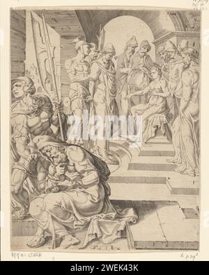 Daniël entend les anciens, Dirck Volckertsz. Coornhert, d'après Maarten van Heemskerck, imprimé en 1551 dans la salle d'audience, Daniël accuse les anciens de Meineed. Il le prouve en les interrogeant chacun séparément. Ils sont reconnus coupables et emmenés. L'estampe fait partie d'une série en quatre parties sur l'histoire de Susanna et des aînés. Gravure sur papier / gravure Daniel interroge les anciens séparément Banque D'Images