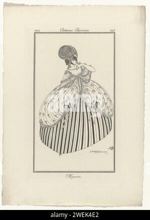 Journal des dames et de la mode, costumes parisiens, 1914, n° 142 : Manon, 1914 femme masquée vêtue d'un costume inspiré de l'opéra du XVIIIe siècle 'Manon'. Elle porte une robe à motif fleuri, ornée de guirlandes et d'arcs, sur un jupon rayé. Proef pression d'un tirage du magazine de mode Journal des Dames et des modes (1912-1914). plaques de mode gravées en papier. robe, robe (+ vêtements pour femmes). collier (+ vêtements pour femmes). masque en velours noir ou satin, 'loup', 'cachenez' (+ vêtements pour femmes). costume historique (+ vêtements pour femmes). jupe (+ vêtements pour femmes). styles de hairdres Banque D'Images