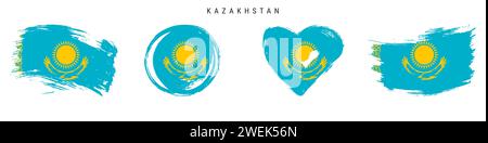 Kazakhstan main dessinée icône de drapeau de style grunge ensemble. Bannière kazakhe aux couleurs officielles. Forme de trait de pinceau libre, cercle et en forme de coeur. Vecteur plat illu Illustration de Vecteur