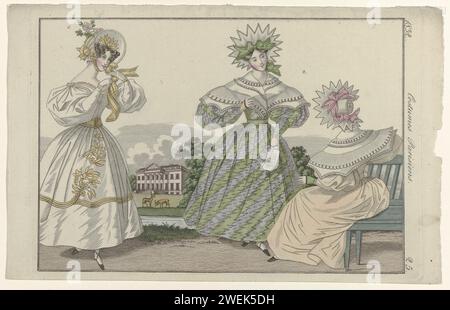 Journal des dames et de la mode, editis Francfort, 1832, costumes parisiens, n° 25, 1832 trois femmes, numérotées 1 et 2, vêtues de robes à manches de jambe de mouton. Chapeau Laifel décoré de fleurs et ruban. Chapeau avec ourlet dentelé et décoré avec ruban. En arrière-plan une maison de campagne et deux cerfs. Tirage du magazine de mode Journal des Dames et des modes, Francfort-sur-le-main, 1798-1848. plaques de mode gravées en papier. casque : casquette (+ vêtements pour femmes). robe, robe (+ vêtements pour femmes). chaussures, sandales (+ vêtements pour femmes). vêtements pour la partie supérieure du corps (+ vêtements pour femmes Banque D'Images