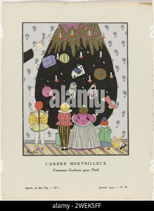 Gazette du bon ton, 1914 - n° 1, PL. III : l'arbre merveilleux / costumes d'enfants pour Noël, Charles Martin, 1914 quatre enfants, en vêtements de fête pour la veille de Noël, debout pour un énorme arbre de Noël dans lequel des bougies et des jouets. Planche III tirée de Gazette du bon ton 1914, n° 1. Explication sur les vêtements à la page 'Explication des planches'. impression typographique de plaques de mode en papier. vêtements, costume (+ vêtements pour enfants). Sapin de Noël Banque D'Images