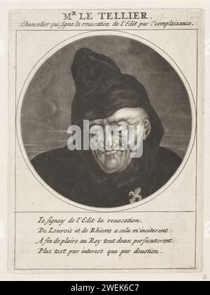 Portret Van Michel le Tellier, Jacob Gole, d'après Cornelis Dusart, 1691 estampe Michel le Tellier, marquis de Barbezieux et chancelier de France. Il porte le lys français. L'estampe fait partie d'une série de dessins animés sur Louis XIV et son entourage. gravure sur papier de caricatures politiques et satires Banque D'Images