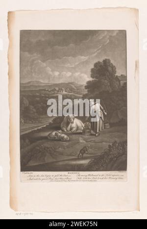 Paysage vallonné avec laitière et bétail, Charles Spooner, d'après Isaac Vogelsang, c. 1745 - 1767 impression avec quatre lignes fraîches en anglais. papier décapage bas pays de colline. milkmaid. bétail Banque D'Images