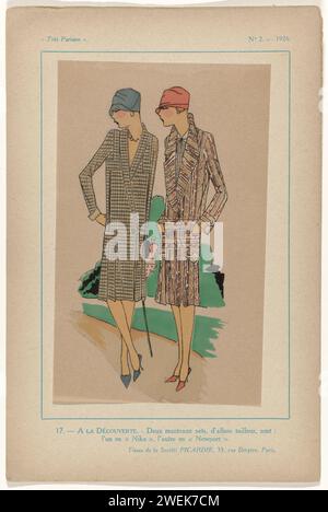 Très parisien, 1926, non 2, pl. 17:- A la découverte, 1926 deux manteaux en forme de waistur. Tissus de la Société Picardie, Paris. Imprimé du magazine de mode très parisien ... La mode, le chic, l'égalité (1920-1936) impression typographique de plaques mode papier. Ensembles de vêtements (TAILLEUR) (+ vêtements pour femmes). bâton de marche, personnel Banque D'Images