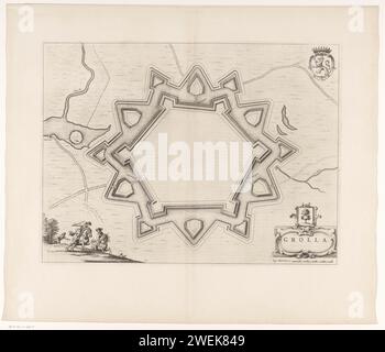 Carte de la forteresse de Groenlo avec de nouveaux renforts, 1627, Anonyme, 1652 imprimer carte des renforts autour de la ville de Groenlo, 1627. Au centre de la ville de Groenlo avec les renforts renouvelés. En bas à gauche quelques cavaliers. En haut à droite, les armoiries du Graafschap Zutphen. En bas à droite un cartouche avec le titre et l'arme de Groenlo. En dessous de cela un bol : Virgae Rhijnlandicae. Sur verso texte latin. gravure sur papier / gravure / impression typographique cartes de différents pays ou régions. Siège, position guerre Groenlo. Zutphen Banque D'Images