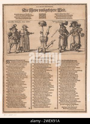 Nouveau monde inversé, c. 1628 - c. 1630 imprimer satire sur la plus jeune mode française qui provoque environ 1629 à entrer en Allemagne. L'honneur allemand traditionnel et les vêtements allemands sont remplacés par la mode française et la tromperie française. Au milieu, une secousse, debout sur sa tête et avec un joli couvre-chef sur son pied droit. Sur la gauche, quelques-uns sont habillés selon 'Der Alten Teutschen ala Modo'. A droite un homme et une femme habillés selon la mode anglaise : 'Nagel New Ala Modo mit einer Engeländischen Nebel Hauben'. Parmi l'image trois colonnes explicatives texte allemand dans l'impression de livre. pap Banque D'Images