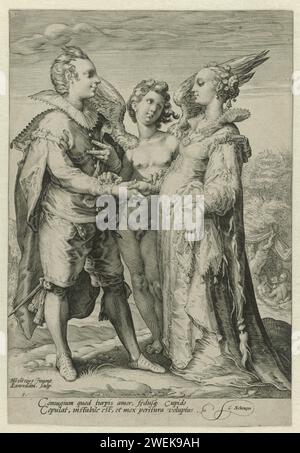 Mariage de sensualité conclu par Amor, Jan Saenredam, d'après Hendrick Goltzius, 1575 - 1607 imprimer Amor relie un homme et une femme qui symbolise l'amour mondain en couple, dans la vraie vie. Gravure sur papier (histoire de) Cupidon, Amor (Eros). cérémonies de mariage (civil). (Personnifications et représentations symboliques de) qualités d'Amour Banque D'Images