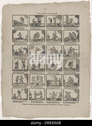 La vie d'Adam et Eva à Paradijs, 1761 - 1765 imprimer feuille avec 24 représentations d'histoires du Nouveau Testament et de jeux pour enfants et artisans. Sous chaque image, un verset bidirectionnel. Numéroté au milieu : 1. Impression typographique papier ancien Testament. jeux et jeux pour enfants. artisanat-production, bricolage qualifié. artisanat et industries Banque D'Images