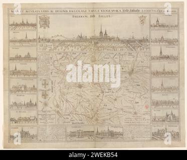 Carte de Belle-Ambacht et vue de Belle, Vedastus du Plouich, 1637 dessin carte de Belle-Ambacht. En haut à gauche un cadre avec légende A-N. En dessous, les armes de Belle et Belle-Ambacht. En bas à droite un bol : la ligne ab est un mijle, maeckend 1400 tiges. Au-dessus de la carte un visage sur Belle, avec l'arme du roi d'Espagne et en haut à droite en haut à gauche de l'arme des Flandres. Dans une poutre au-dessus de la face sur la ville le titre. Le long du bord gauche et droit et le bas de la carte dix-huit visages sur les châteaux de la région d'Ypres. parchemin (matériel animal). encre. crayon stylo / pinceau p Banque D'Images