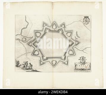 Carte de la forteresse de Groenlo avec de nouveaux renforts, 1627, 1652 imprimer carte des renforts autour de la ville de Groenlo, 1627. Au centre de la ville de Groenlo avec les renforts renouvelés. En bas à gauche quelques cavaliers. En haut à droite, les armoiries du Graafschap Zutphen. En bas à droite un cartouche avec le titre et l'arme de Groenlo. En dessous de cela un bol : Virgae Rhijnlandicae. Sur verso texte néerlandais. gravure sur papier / gravure / impression typographique cartes de différents pays ou régions. Siège, position guerre Groenlo. Zutphen Banque D'Images