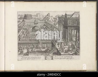 Âge de 16 à 32 ans ; l'ordre corinthien, 1598 - 1602 imprimer jardin intérieur clos avec un labyrinthe. Au milieu une tonnelle avec une fontaine. Les jeunes s’amusent dans le labyrinthe : ils jouent de la musique, marchent ou pratiquent le combat à l’épée. Au premier plan, Engelen conduit les jeunes hommes dans une maison où divers arts sont pratiqués, comme la sculpture et la peinture. La maison est construite dans l'ordre corinthien. Dans la marge un texte de quatre lignes en deux colonnes, en latin. L'impression fait partie d'un album. gravure sur papier jeune, adolescent. Ordre corinthien  architecture. labyrinthe, labyrinthe  jardin. peinture, dessin a. Banque D'Images