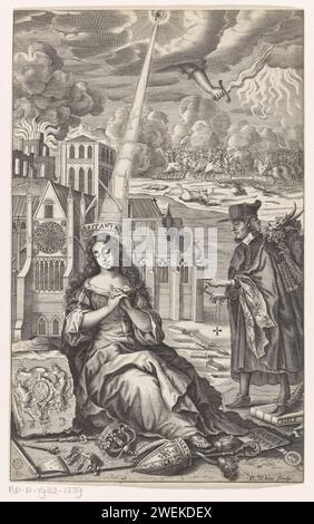 Spectacle allégorique avec Crying Britannia, 1682 imprimer Un faisceau de l'œil tout-voyant dans les nuages brille sur une femme en pleurs, Britannia. Il y a des couronnes à ses pieds, une hache, un sceptre cassé, une mitre, un bâton et la Magna Carta. A gauche d'elle un débris à l'envers avec des armoiries. À droite, un homme à deux visages (un puritain, l'autre jésuite), une croix, un chapelet et une patte de chèvre avec laquelle il se tient sur la Bible. Derrière lui se trouve une figure diabolique. Derrière Britannia une cathédrale gothique, des bâtiments en feu et en arrière-plan une bataille avec des cavaliers sur laquelle une main avec une épée de flammes. pape Banque D'Images