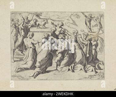 Culte du veau d'or, Giovanni Lanfranco, d'après Rafaël, 1607 imprimer la danse israélite et agenouiller pour le veau d'or. Dans le fond à droite, Moïse, par colère contre l'idolâtrie des Israélites, a brisé les tables de la loi. Papier gravure les gens dansent autour du veau d'or  Exodus Banque D'Images