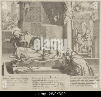 Catharina sauve a Woman / Catharina at the Holy Agnès / Catharina prie pour le pardon, Pieter de Jode (I), après Francesco Vanni, 1597 impression de gauche à droite : après une forte tempête, une femme est enterrée sous les décombres de sa maison. Catharina sauve la femme ; Catharina visite le corps de la Sainte Agnès de Montepulciano qui est disposé dans une chapelle. Elle se penche vers l'avant pour embrasser les pieds d'Agnès et le pied se lève automatiquement ; Catharina est témoin de la torture de deux prisonniers sur un marché. Les hommes sont marqués avec des pinces brillantes. Catharina prie Christ pour le pardon des pécheurs. Dans le Banque D'Images