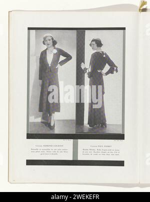 Art - goût - Beauté, feuilles d'élégance féminine, novembre 1931, n° 135, 12e année, p. 14, G Marant, 1931 magazine à gauche : ensemble de Zijdemousseline Noir entièrement équipé avec plis horizontaux. Blouse en voile de soie blanc garnie de « jours » et dentelle. Design par Egmond Courtot. Droite : Robe d'après-midi en jersey de soie noir, modèle 'whisky'. Cou drapé dans le dos. Un tissu bicolore est attaché au col et aux coudes. Design de Paul Poiret. Page du magazine de mode Art-Goût-Beauté (1920-1933). assiettes de mode en papier. vêtements, costume (+ vêtements pour femmes). vêtements pour la partie supérieure du corps: Banque D'Images