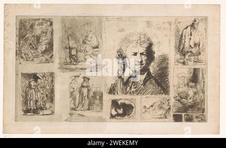 Magazine d'étude avec douze exemplaires à la gravure de Rembrandt, Léopold Flameng, d'après Rembrandt van Rijn, 1859 - 1861 papier gravure / repos à la pointe sèche sur le vol en Egypte. portrait, autoportrait de peintre. veillées et réveils  rites funéraires. bull. médecin, médecin Banque D'Images