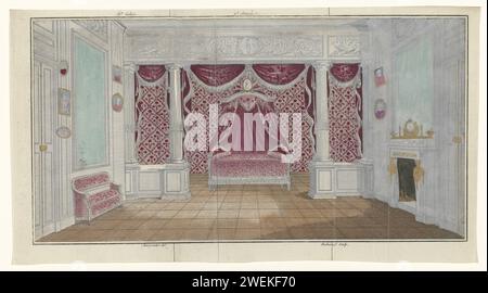 Magasin des nouveaux modes français et anglais, 20 mars 1787, 2e année, 13e cahier : chambre (...), 1787 Chambre de Madame la Comtesse de .... Intérieur avec un lit avec baldaquin, canapé et cheminée. L’estampe fait partie du 13e cahier du magasin des modes nouvelles Françaises et anglaises. La série se compose de 172 imprimés de mode, édités par Buisson, Paris, 20 novembre 1786 - 21 décembre 1789. plaques de mode gravées en papier. chambre. lit avec testeur Banque D'Images