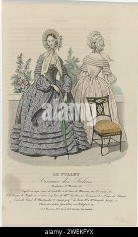 Le Follet courrier des Salons, 1836, n° 783 : Capote à Crep (...), 1836 deux femmes, dont une a vu sur le dos, à une balustrade. Selon la légende : 'Capote' de Crêpe décorée avec de la dentelle et du ruban de biais, de Maxence. Japon de 'gros de Naples Moiré' avec cinq pneus biais de Larcher. Fleurs de Chagot. Parasol de Cazal. Gants de Protte, brevetés. Chaise des studios Gandillot. Tirage du magazine de mode le Follet courrier des Salons (novembre 1829-octobre 1882). plaques de mode gravées en papier. robe, robe (+ vêtements pour femmes). Casque (CAPOTE) (+ vêtements pour femmes). paras Banque D'Images