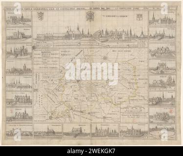 Carte de Kasselrij Ypres et vue d'Ypres, Vedastus du Plouich, 1636 dessin carte de Kasselrij Ypres. En bas à droite un cadre avec trois bâtons d'échelle : 2000 tiges Vlaemsche / un Ure Gaens / 1/40 partie d'une tige. Au-dessus de la carte un visage sur Ypres, avec l'arme des Flandres, au-dessus, au milieu, l'arme du roi d'Espagne et probablement une arme qui fait référence à la ville ou au Kasselrij Ypres. En bas à droite un cadre avec la légende 1-5. Dans une poutre au-dessus de la face sur la ville le titre. Le long du bord gauche et droit et le bas de la carte vingt visages sur les châteaux de la région de YPR Banque D'Images