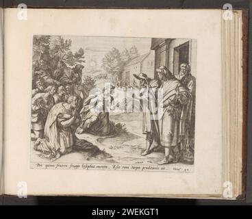 Les frères de Jozef s'agenouillent pour Jozef, 1579 print dix des frères de Jozef sont venus en Égypte pour acheter du grain. Joseph, qui se tient à droite avec un sceptre à la main, les accuse d'espionnage. Les frères essaient d'expliquer à Joseph, qu'ils ne reconnaissent pas comme leur frère, qui ils sont. Joseph les laisse partir, mais leur demande de revenir avec leur plus jeune frère Benjamin. En arrière-plan, il y a un certain nombre de frères avec les sacs avec le grain. Entièrement en arrière-plan ils partent avec leurs ânes. Sous la performance une référence en latin au texte de la Bible dans Genèse 42. L'impression est Banque D'Images