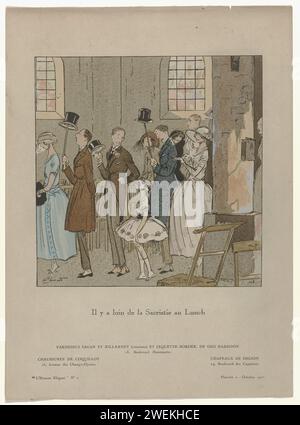 The Elegant Man No. 2, octobre 1921, pl. 2 : il y a loin de la sacristi (...), 1921 Une procession habillée élégamment d'hommes et de femmes dans une église. Les hommes portent un pardessus conçu par Sagan et Killarney et une veste ou jaquette Bordee de Geo Harrison. Chaussures de pétoncle et chapeaux de Delion. Quelques hommes gardent leur chapeau haut de gamme avec leur bâton de marche en l'air. Selon la légende, il y a une grande distance entre la sacristie et le déjeuner. Tirage du magazine de mode l'Homme Elégant (1920-1929). assiettes de mode en papier. manteau : pardessus (+ vêtements pour hommes). chaussures, sandales (+ vêtements pour hommes). manteau Banque D'Images