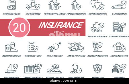 Jeu d'icônes de contour d'assurance. Icônes créatives : police d'assurance, assurance vie, planification de la retraite, assurance pension, assurance dentaire, assurance automobile Illustration de Vecteur