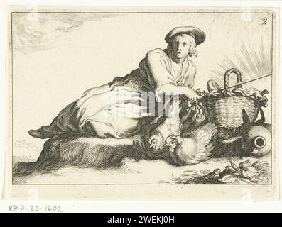 Femme avec deux poulets, Cornelis Bloemaert (II), d'après Abraham Bloemaert, vers 1625 imprimer Une femme se repose avec un panier et deux poulets à côté d'elle. Gravure sur papier pastorale, scènes arcadiennes Banque D'Images