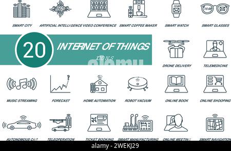 Jeu d'icônes de contour de l'Internet des objets. Icônes créatives : ville intelligente, intelligence artificielle, vidéoconférence, cafetière intelligente, montre intelligente et plus encore Illustration de Vecteur