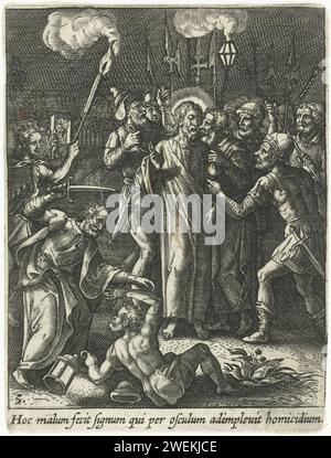 Judaskus et arrestation du Christ, Adriaen Collaert, 1570 - 1618 imprimer Judas embrasse le Christ sur la joue. Les soldats l'encerclent et l'arrêtent. Peter essaie de chasser un soldat. L'impression a une légende latine sur papier gravant le baiser de Judas : accompagné de soldats avec des torches et des lanternes, il embrasse le Christ. Pierre tire son épée et coupe l'oreille de Malchus Banque D'Images