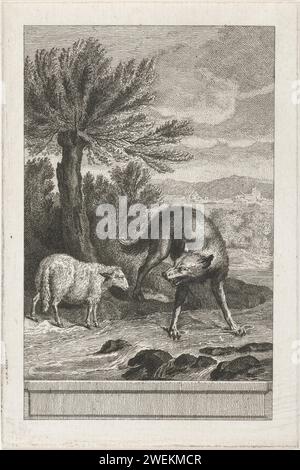 De Loup et l'Agneau, Abraham Delfos, 1741 - 1820 imprimer Un loup et un agneau debout près d'un ruisseau, le loup accuse l'agneau, déraisonnablement, de boire son eau. papier mordant agneau. bêtes de proie, animaux prédateurs : loup Banque D'Images