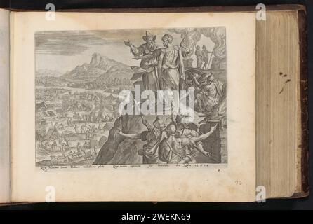 Bilam et le roi Balak, Anonyme, Maerten de vos, 1646 impression avec Balak, le roi de Moab, Bilam se tient sur une montagne et ils regardent au-dessus du camp de tentes des Israélites. Balak veut que Bilam maudit les gens, mais Bileam les bénit. Des autels ont été fondés sur la montagne et il y a des combattants Moabites. Sous la performance une référence en latin au texte de la Bible dans Num. 23-24. Ce tirage fait partie d'un album. Balaam grave sur papier est emmené aux hauts lieux de Baal et voit le camp israélite. Balaam prophétisant et bénissant les Israélites en présence du roi Balak et de son chef Banque D'Images