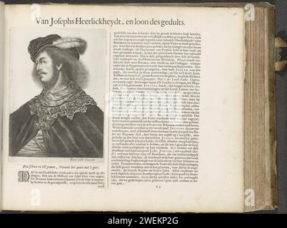 Portrait de Joseph, 1653 - 1654 tirage. Feuille de texte Portrait d'un jeune homme inconnu avec béret, utilisé dans cet album comme portrait de Jozef, le fils du patriarche jakob. Le texte d'accompagnement commence par une petite initiale décorée D. Une devise en néerlandais : a Clean and eêl MEET, il le détruit avec 't Goet. Le magazine fait partie d'un album. gravure sur papier / impression typographique personne historique anonyme représentée Banque D'Images