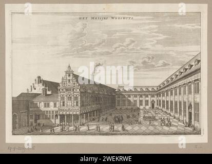 Vue de la maison des filles de la Burgerweeshuis à Amsterdam, Jacob van Meurs (possible), cour de gravure en papier de 1663 tirages. bien-être public. Orphelinat citoyen Banque D'Images