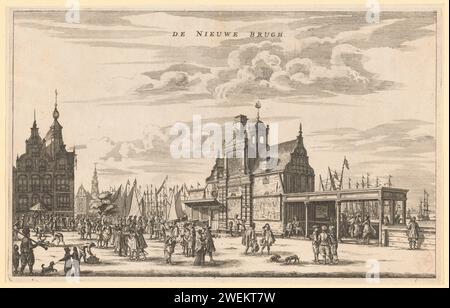 Vue de la Paalhuis à Amsterdam, Jacob van Meurs (possible), 1663 - 1664 imprimer vue de la maison de mât sur le côté nord du nouveau pont à Amsterdam, vue dans une direction nord-ouest. Avant droit un morceau du pont. Sur la gauche, la maison avec la tour au coin du Damrak et le Texelse Kade (plus tard Prins Hendrikkade). À droite de l'arrière-plan, la tour Haringpakker. De nombreux personnages dans la rue. gravure de papier / gravure rue (+ ville(-scape) avec des chiffres, personnel). pont en ville à travers la rivière, canal, etc (+ city(-scape) avec chiffres, staffage). bureau de poste. taxes et f Banque D'Images