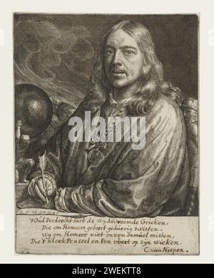 Autoportrait, Samuel van Hoogstraten, 1677 impression Autoportrait de Samuel van Hoogstraten écrit avec les initiales de Veer, son âge et la date. Sur sa main droite atlas avec la voûte céleste. Sous le portrait, un poème manuscrit de quatre lignes de C. van Nispen. papier gravure portrait, autoportrait de l'artiste Banque D'Images