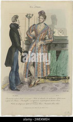 Mode, 1830, pl. 36, t.2 : chapeau de velours brodé en or mat (...), 1830 droite : chapeau de velours brodé en or mat. Classe de 'Casimir'. 'Gilet russe' en cuir de renne. Pantoufles brodées de motifs turcs. A gauche : 'habit' de Zwart Laeken. Gilet de 'Casimir' blanc. Pantalon long bleu. Accessoires : cravate, lorgnet sur un cordon, fouet, chapeau haut de gamme, gants, chaussures à nez carré. Tirage du magazine de mode la mode (1829-1855). gravure sur papier acier / gravure plaques de mode. Vêtements pour la partie supérieure du corps (GILET) (+ vêtements pour hommes). pantalons, culottes, etc (PANTALON) (+ cl. Homme Banque D'Images