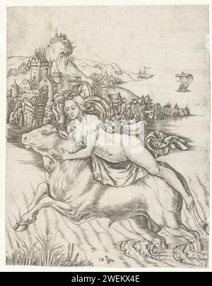 Enlèvement de l'Europe sur le dos de Jupiter en forme de taureau, maître IB avec l'oiseau, 1500 - 1515 impression papier gravure Jupiter, généralement en forme de taureau blanc, enlève Europe et la porte à travers l'eau Banque D'Images