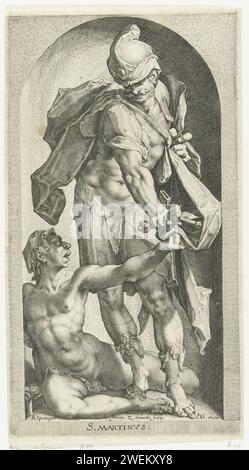 H. Martinus partage son manteau avec le mendiant, Zacharias Dolendo, d'après Bartholomeus Spranger, v. 1593 print Saint Martinus partage son manteau avec un pauvre mendiant. Avec son épée, il déchire la cape en deux morceaux. Le mendiant qui est assis sur le sol devant lui tient déjà une partie de la cape. Martinus porte les vêtements d'un soldat romain. Les deux figures sont placées dans une niche. Gravure sur papier St. Martin divise son manteau (c'est-à-dire la charité de Saint Martin) : il est généralement montré à cheval, coupant son manteau avec son épée, ou mettant une partie du manteau autour des épaules d'un mendiant qui s'agenouille bes Banque D'Images