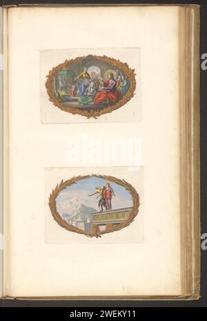 Feuille avec deux vignettes, Dirk Janszoon van Santen, 1700 impression feuille avec deux vignettes entre les branches de palmier. Ci-dessus : Christ dans la maison de Marthe et Maria. Sous : soumission du Christ par le diable sur le temple. Feuille de la deuxième partie de la Bible du Prent avec le Nouveau Testament, publiée par Pieter mortier, Amsterdam 1700. papier. peinture pour terrasse. Gravure 'jetez-vous vers le bas' (du temple)  tentation du Christ dans le désert. Christ dans la maison de Marthe et Marie (Luc 10:38-42) Banque D'Images