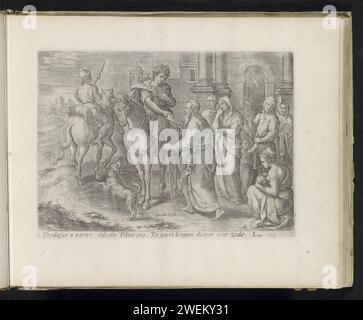 Le fils perdu dit au revoir à son père, 1585 imprimer le fils perdu dit au revoir à son père. Il est à cheval et serre la main de son père. Sur la droite la famille devant la maison. Sous le spectacle une référence en latin au texte de la Bible en Luc. 15. Ce tirage fait partie d'un album. gravure sur papier prise de congé et départ du fils prodigue Banque D'Images