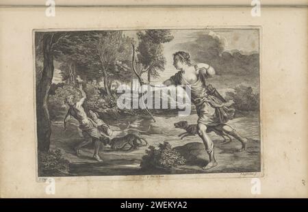 Diana in Actaeon, 1660 print Prince Actaeon attrapa Diana et ses nymphes pendant qu'ils se baignaient. Comme punition, il est transformé en cerf par Diana, après quoi il est déchiré par ses propres chiens de chasse. Ce tirage fait partie d'un album. Gravure sur papier Actaeon comme un cerf est dévoré par ses propres chiens Banque D'Images