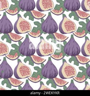 Fruits de figue dessinés à la main et motif sans couture de feuillage. Fruits tropicaux entiers, en partie et feuilles de fond. Illustration simple de figue mûre violette stylisée Illustration de Vecteur