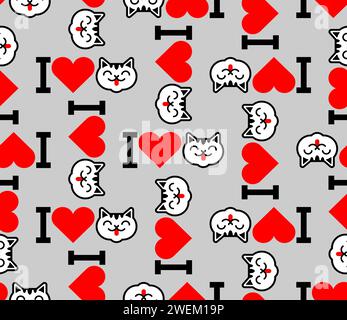 J'adore le motif chats Seamless. Coeur et fond de chat. J'aime la texture des animaux de compagnie. Symbole de l'amour pour l'ornement des animaux Illustration de Vecteur