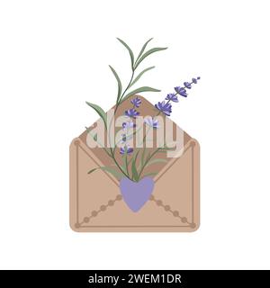 Enveloppe marron clair ouverte vintage avec fleurs de lavande dessinées à la main. Carte de remerciement. Illustration vectorielle dans le style plat Illustration de Vecteur