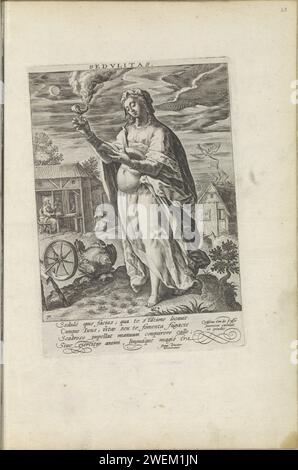 Laborability, 1589 - 1611 print la personnification de la maniabilité est dans un paysage avec un livre ouvert en main qu'elle lit à la lumière d'une lampe à huile. Au premier plan, des fourmis, une roue qui tourne, et un poulet avec ses poussins, qui symbolisent le travail. En arrière-plan sur la gauche Christ et Nikodemus en conversation pendant la nuit. A la maison une femme sur une roue qui tourne. A droite en arrière-plan une cigogne qui nourrit son garçon. Sous le spectacle, un verset de quatre lignes en latin. Ce tirage fait partie d'un album. Gravure sur papier attention, diligence ; 'Diligenza' (Ripa). oiseaux de rivage et échassier Banque D'Images