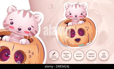 Chat dans Pumpkin Cartoon personnages. Mignon Amimal. Kitty Illustration pour enfants Illustration de Vecteur