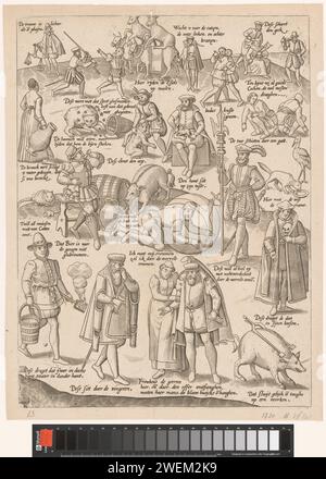 De Blauwe Huyck (page 3), Joannes van Doetechum (I), 1577 impression feuille trois feuilles d'un ensemble de quatre feuilles à monter ensemble comme un frison horizontal. gravure sur papier proverbes, dictons, etc Banque D'Images